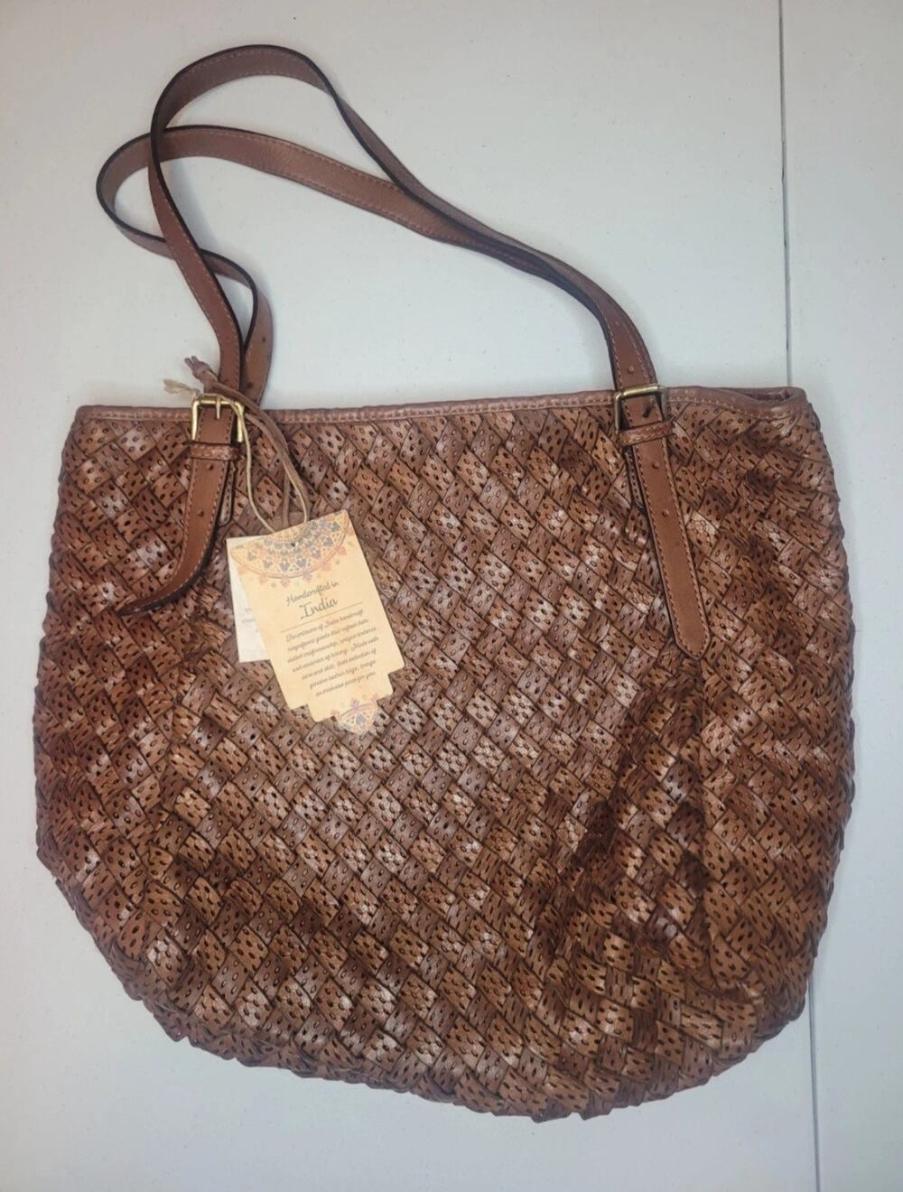 India Artisans Handcrafted Vintage Look Woven Leather Boho Basketweave Purse